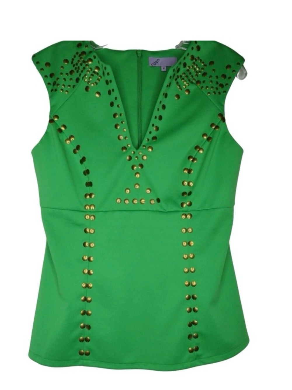 Eden Green Studded V-Neck Sleeveless top Zip up Back Stretch Knit Sz S